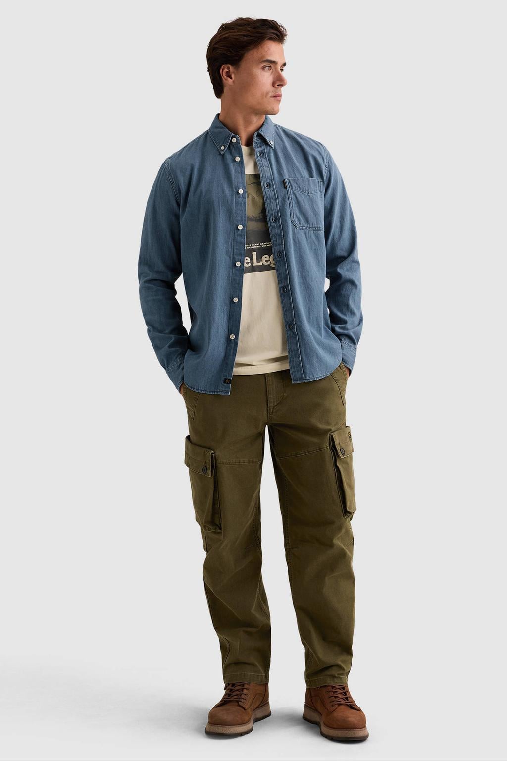 Blauwe heren PME Legend regular fit overhemd van denim met effen, lange mouwen en button down sluiting