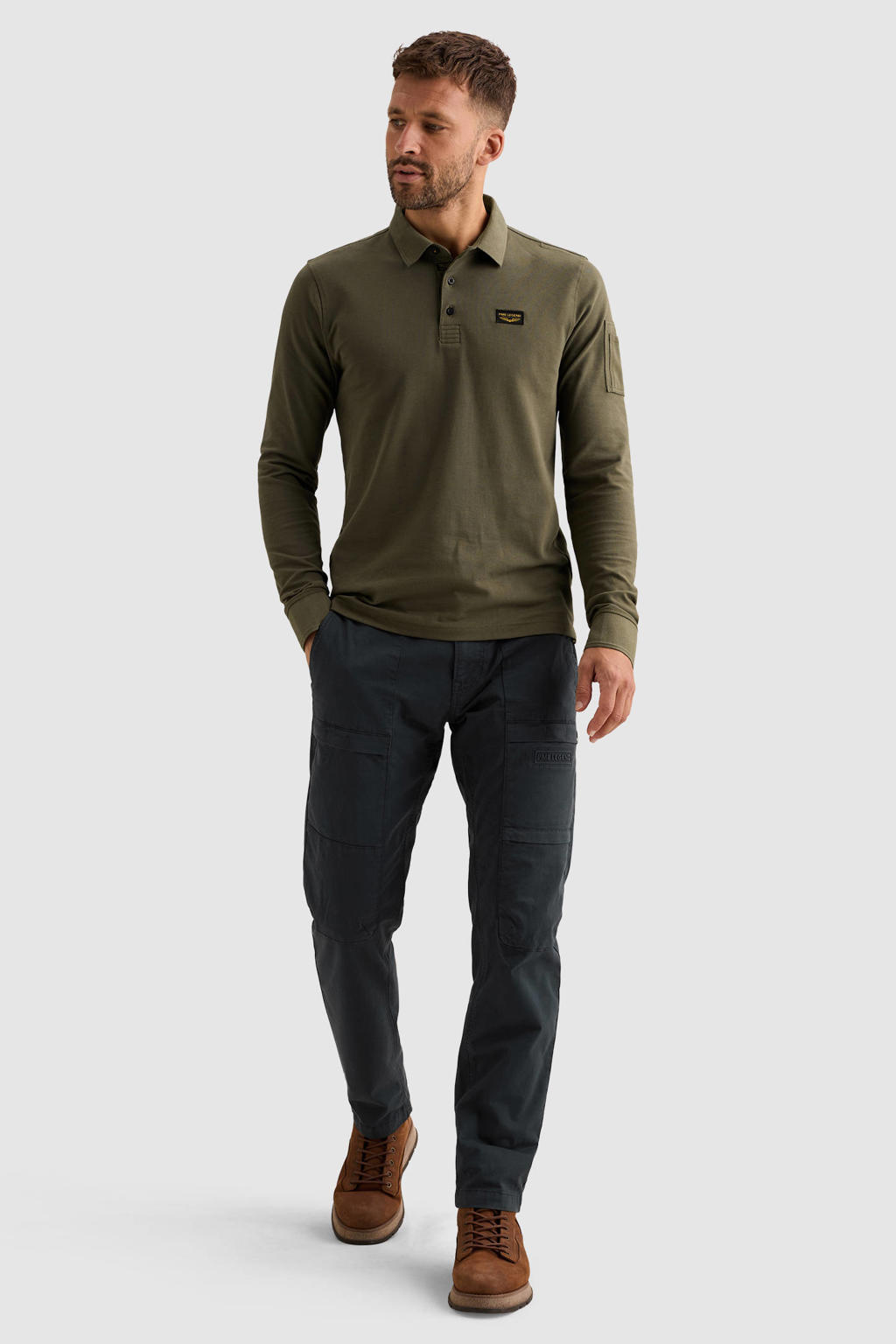 Donkergroene heren PME Legend regular fit polo van katoen met effen en lange mouwen