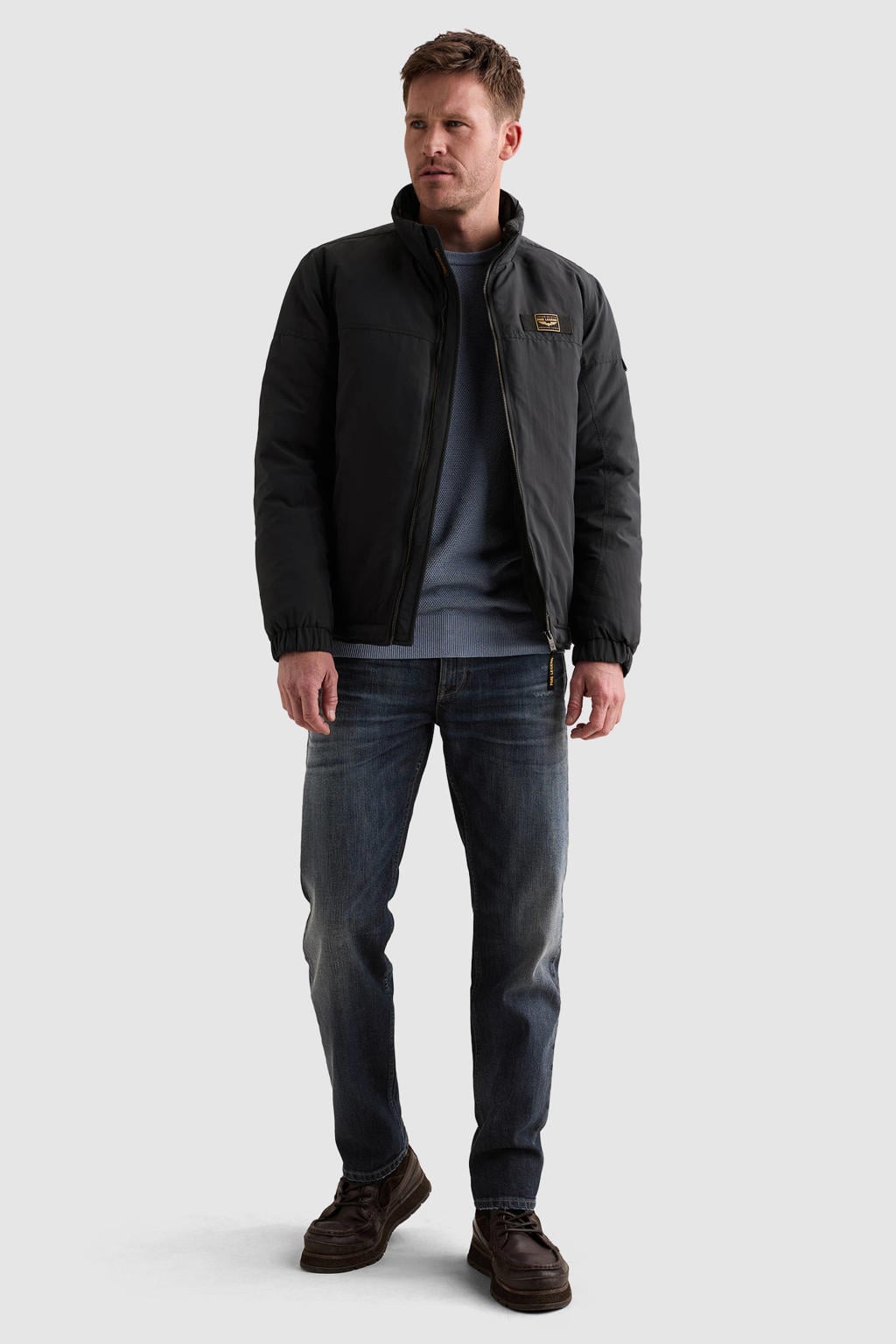 Donkerblauwe heren PME Legend winterjas van nylon met effen, lange mouwen, opstaande kraag en ritssluiting