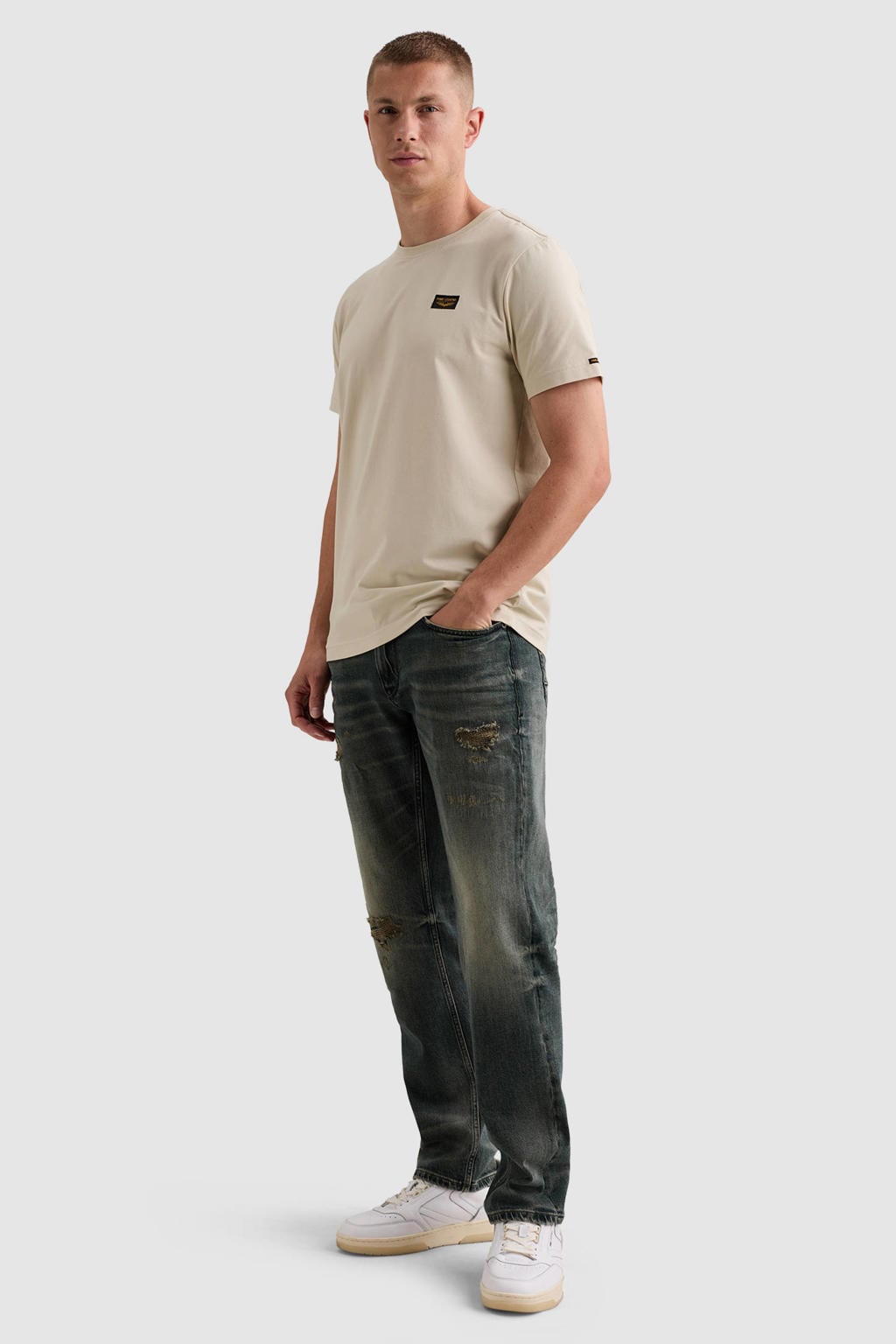 Ecru heren PME Legend regular fit T-shirt van katoen met effen, korte mouwen en ronde hals