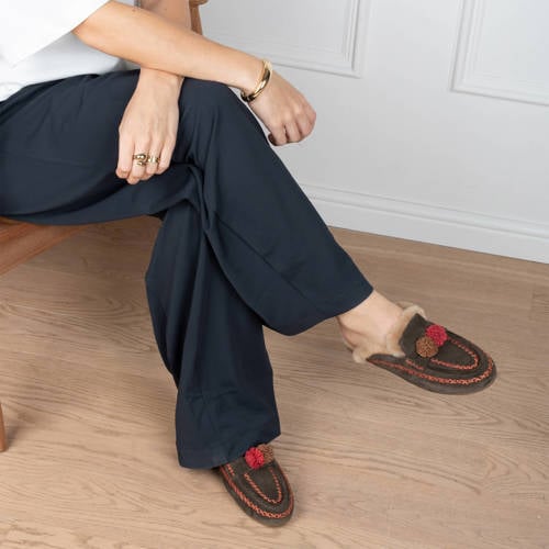 Poelman Nina suède slippers met pompons bruin