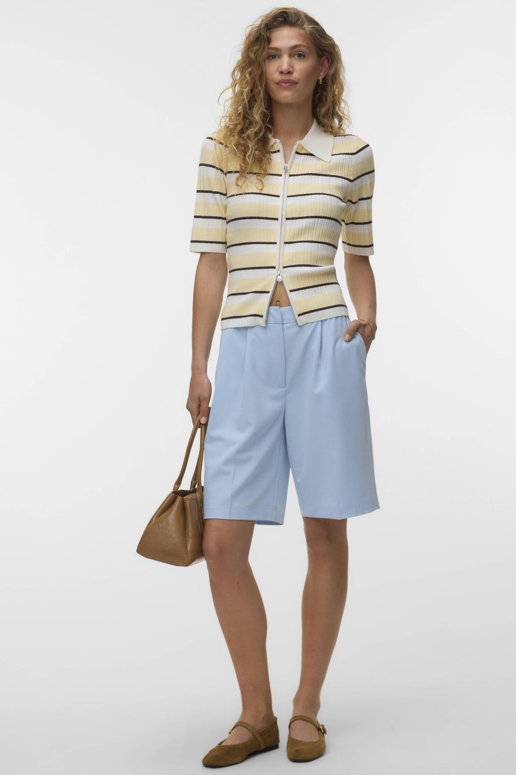 Lichtblauwe dames AWARE regular fit bermudashort van polyester met rits, haak- en knoopsluiting en effen