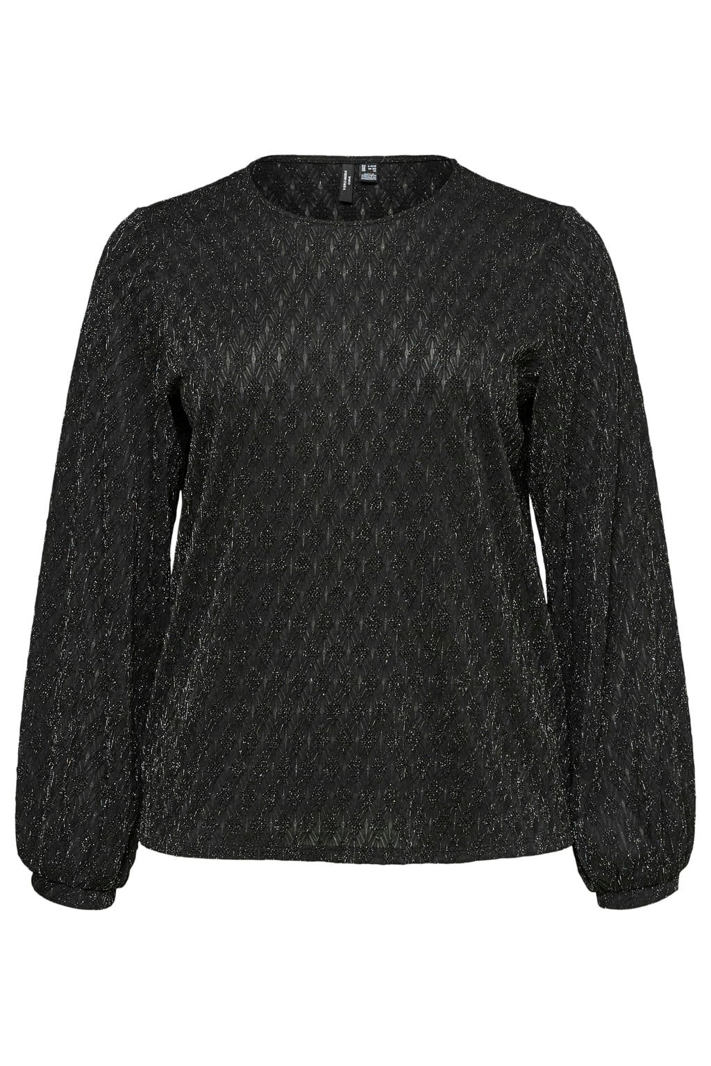 Zwarte dames VERO MODA CURVE Plus Size top van polyester met effen, lange mouwen en lurex