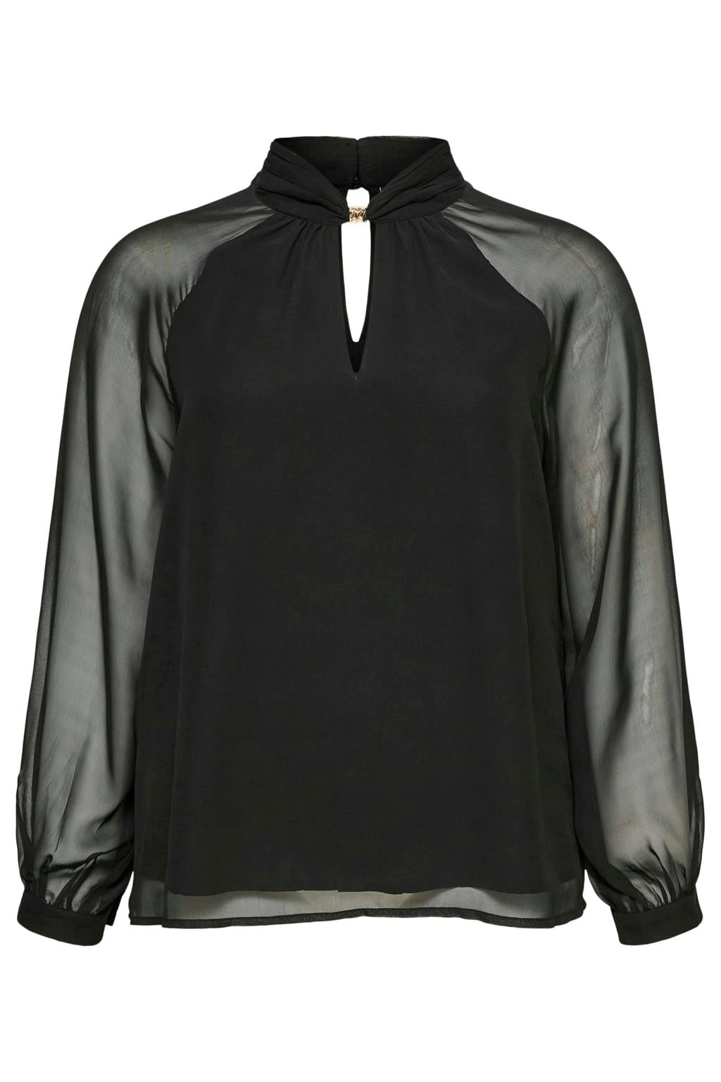 Zwarte dames VERO MODA CURVE Plus Size semi-transparante top van polyester met effen, lange mouwen, col en geweven detail