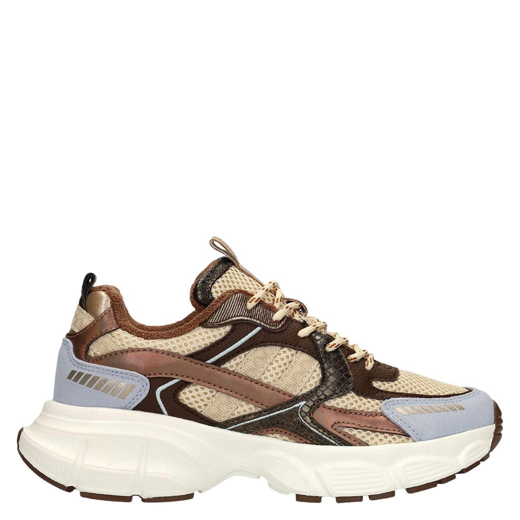 Blauw en beige dames Manfield chunky leren sneakers - met veters