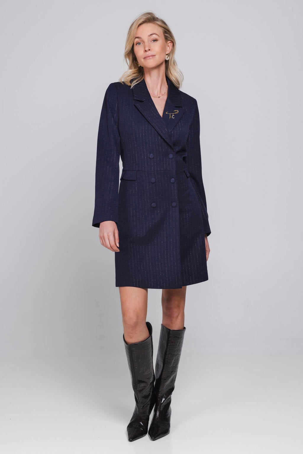 Donkerblauwe dames Accentil van polyester met krijtstreepprint, lange mouwen, reverskraag en knoopsluiting
