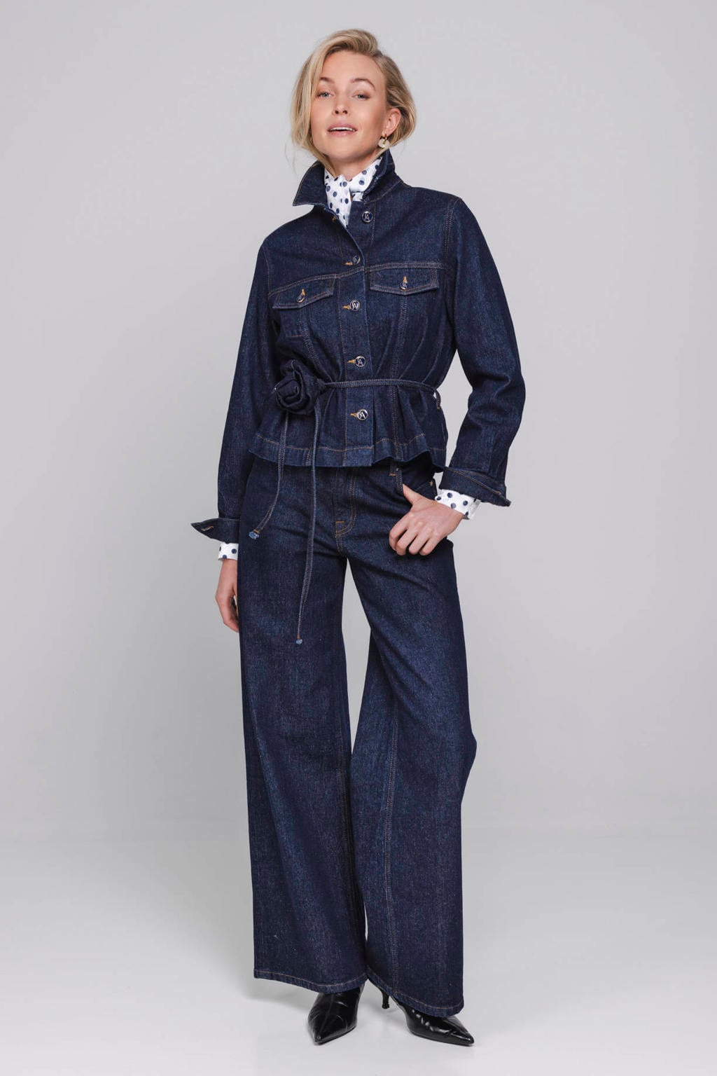 Dark blue denim dames Accentil spijkerjas van denim met effen, lange mouwen, klassieke kraag en ceintuur