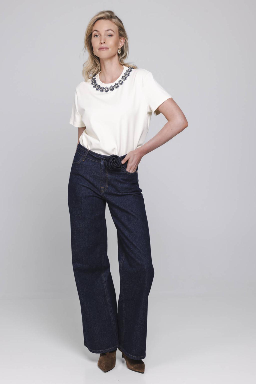 Witte dames Accentil T-shirt van katoen met effen, korte mouwen, ronde hals en sierstenen