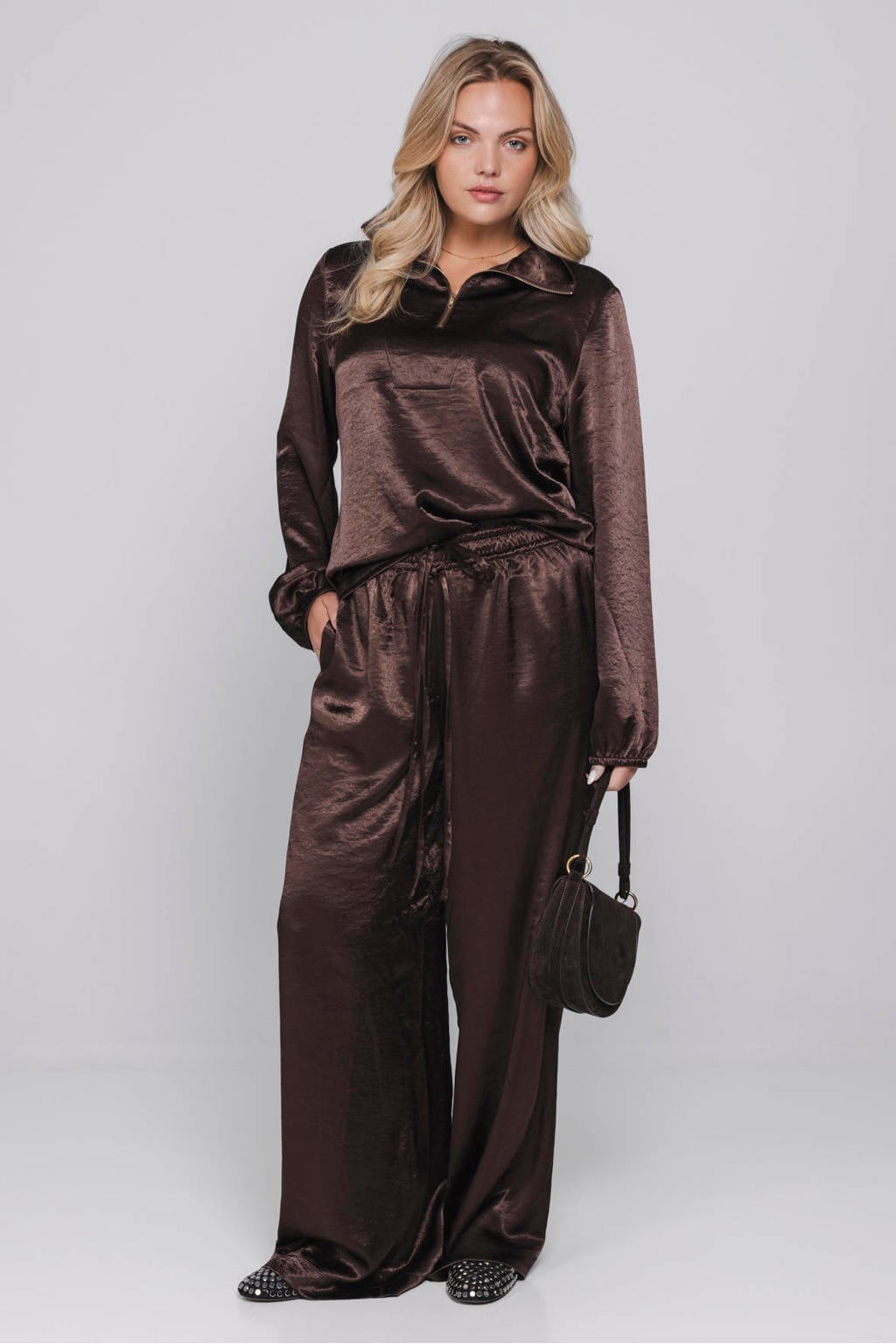 dames Accentil van polyester met wijde pijpen, high waist, elastische tailleband met koord en effen