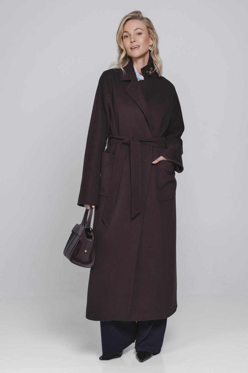 Donkerblauwe dames Accentil manteljas van polyester met effen, lange mouwen, reverskraag, striksluiting en split
