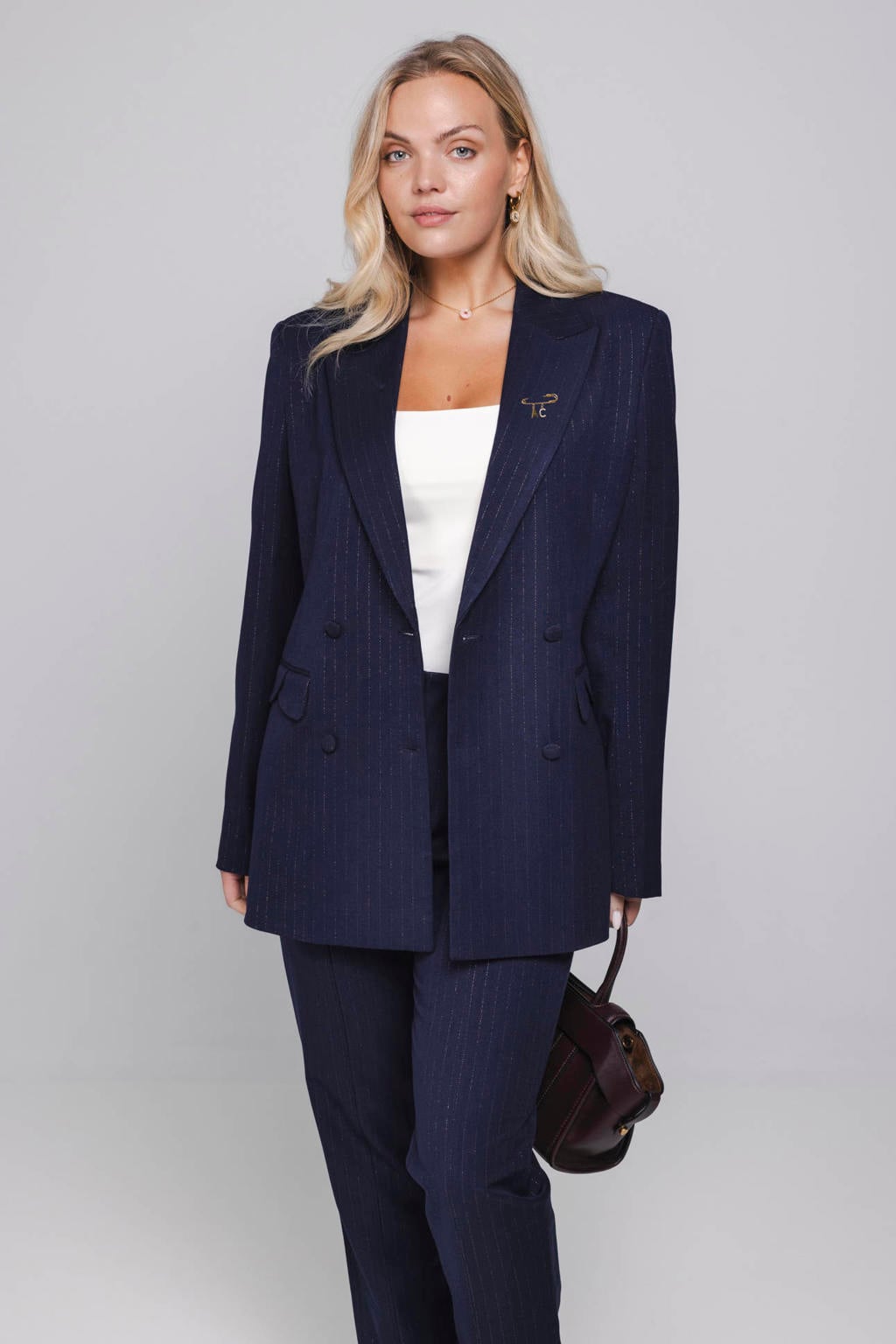 Donkerblauwe dames Accentil double breasted blazer van polyester met krijtstreepprint, lange mouwen, reverskraag en knoopsluiting