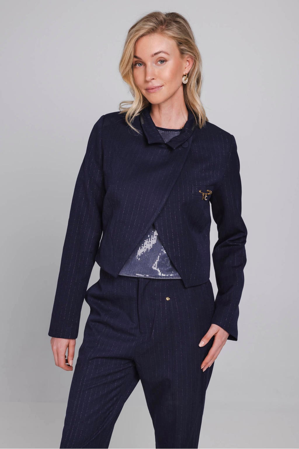 Accentil cropped blazer met krijtstreep - donkerblauw