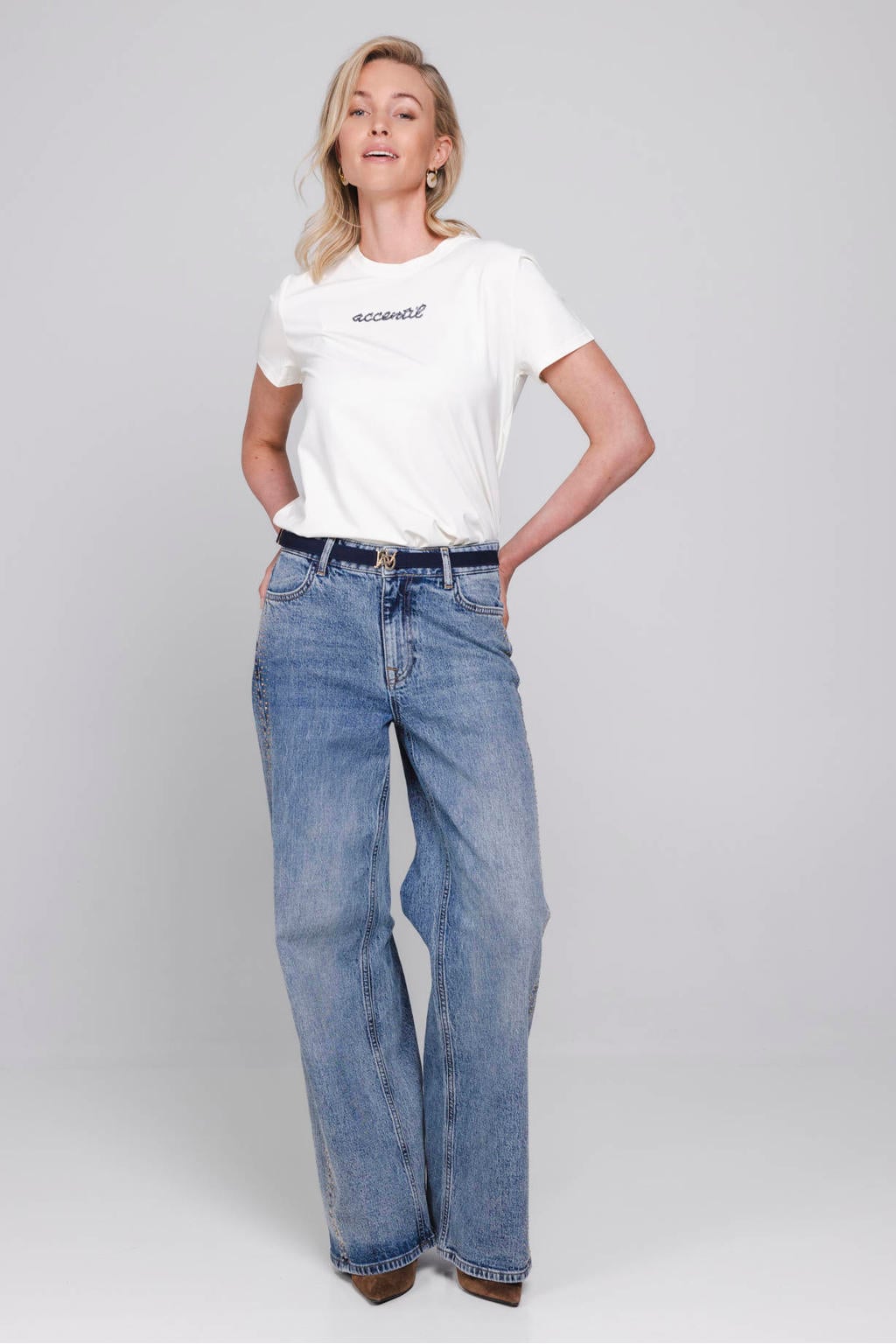 Medium blue denim dames Accentil wide leg jeans van denim met rits- en knoopsluiting en effen