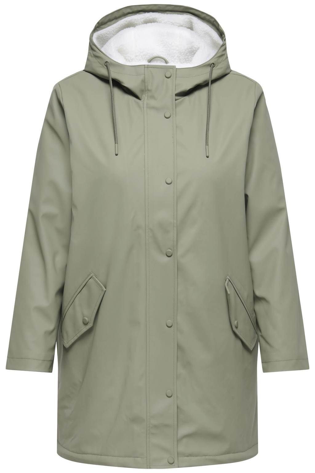 Groene dames ONLY CARMAKOMA Plus Size coated regenjas van polyester met effen, lange mouwen, capuchon en knoopsluiting