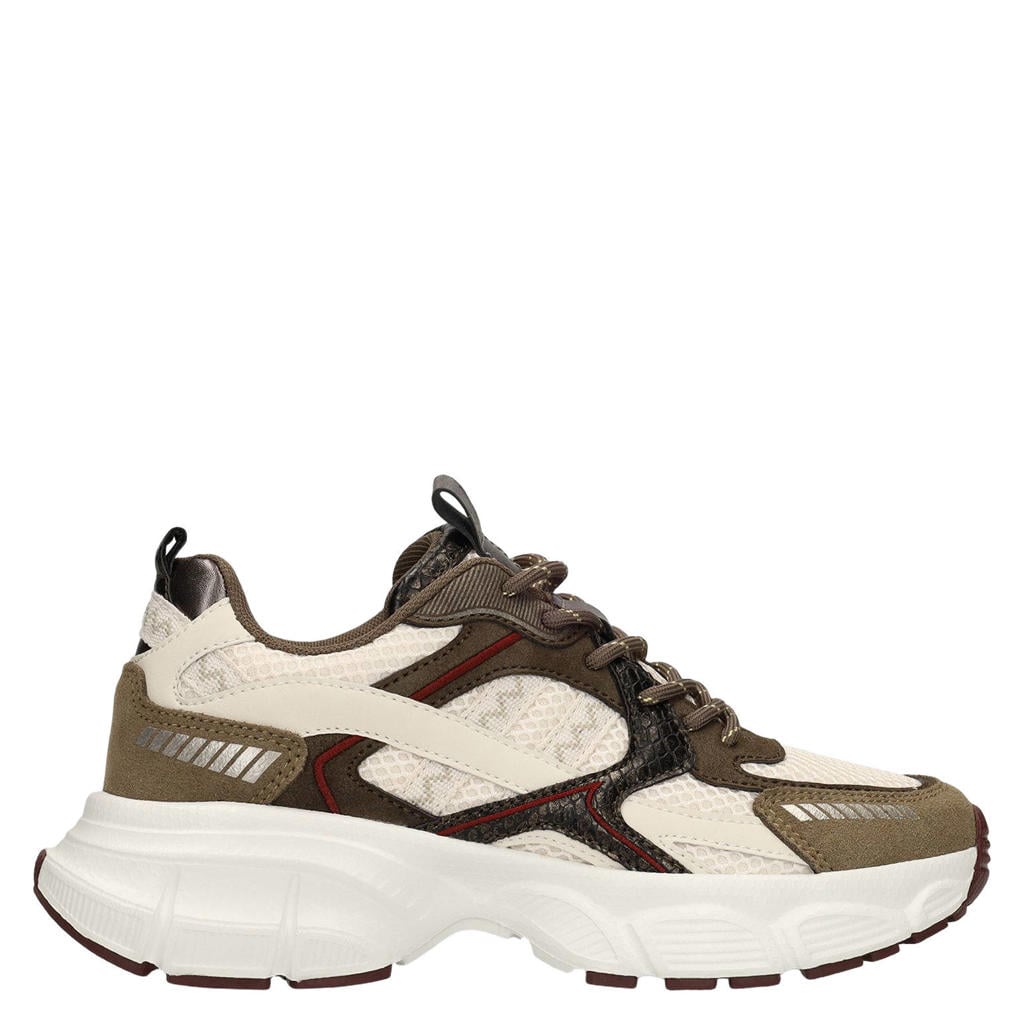 Donkergroen, ecru en beige dames Manfield chunky leren sneakers - met veters