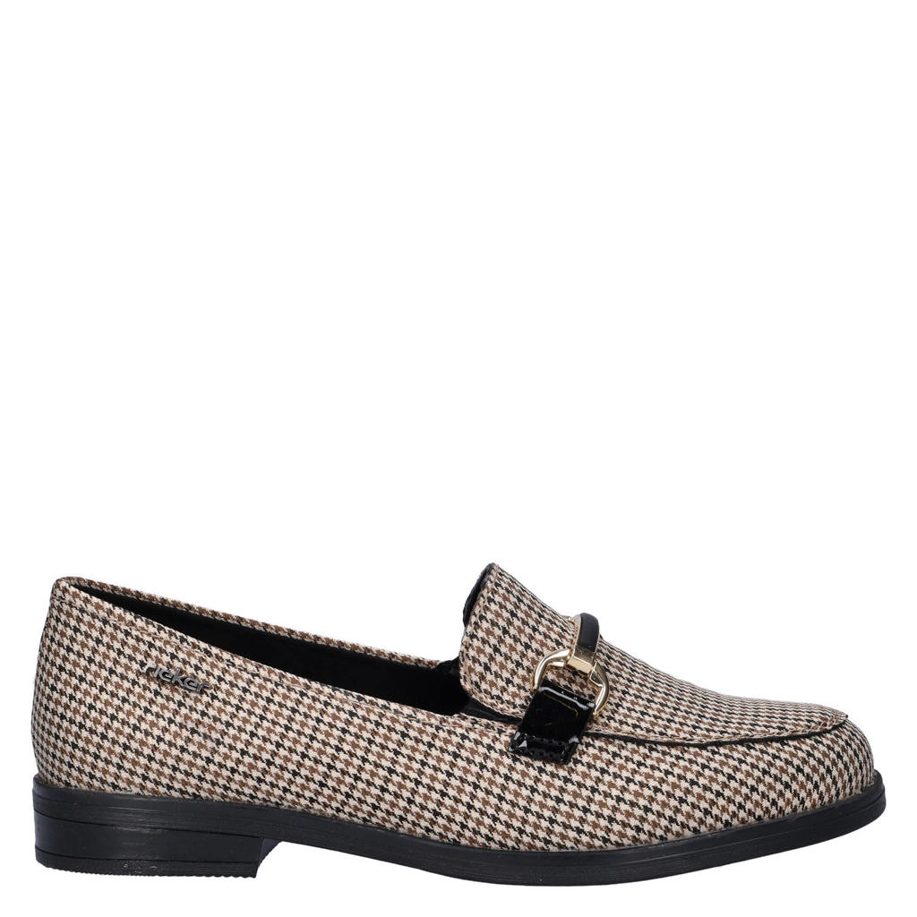 Bruin en zwarte dames Rieker pied-de-poule loafers - van textiel