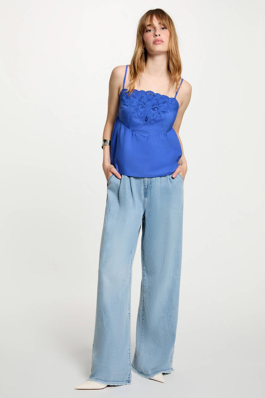 Light blue denim dames Morgan high waist wide leg jeans van denim met rits- en knoopsluiting en effen
