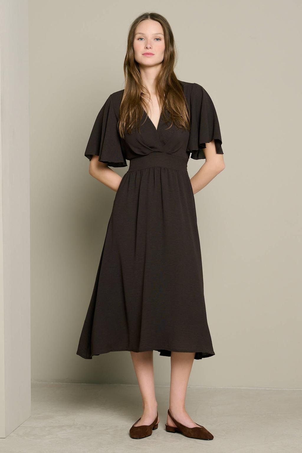 Bruine dames LOLALIZA midi zomerjurk van polyester met effen, driekwart mouwen en V-hals