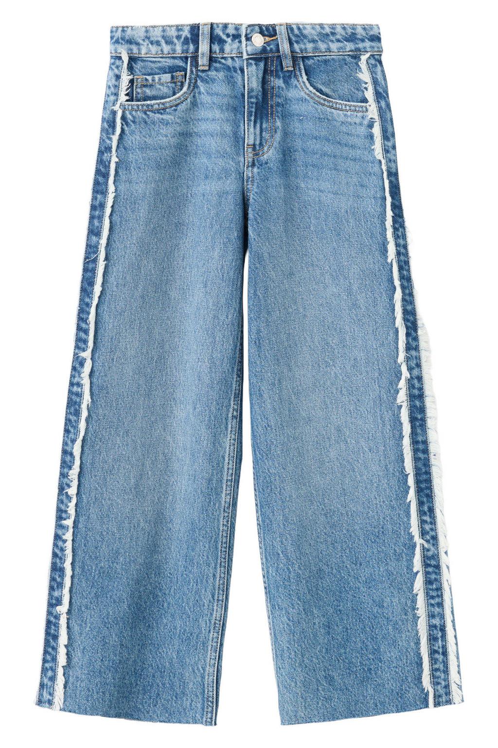 Medium blue denim meisjes Mango Kids regular waist wide leg jeans mediumblauw van denim met rits- en knoopsluiting en effen