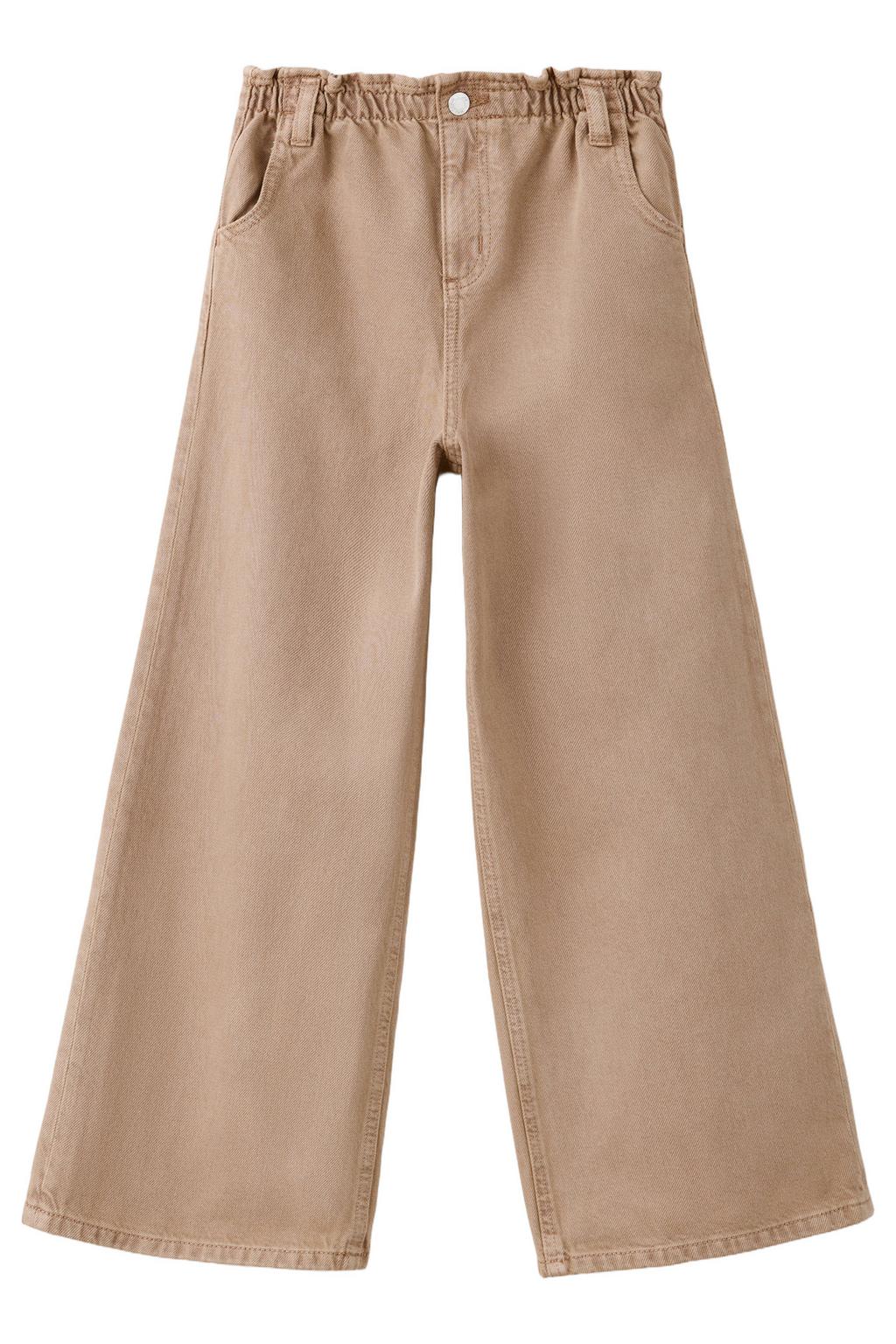 Bruine meisjes Mango Kids wide leg jeans van denim met rits- en knoopsluiting en effen