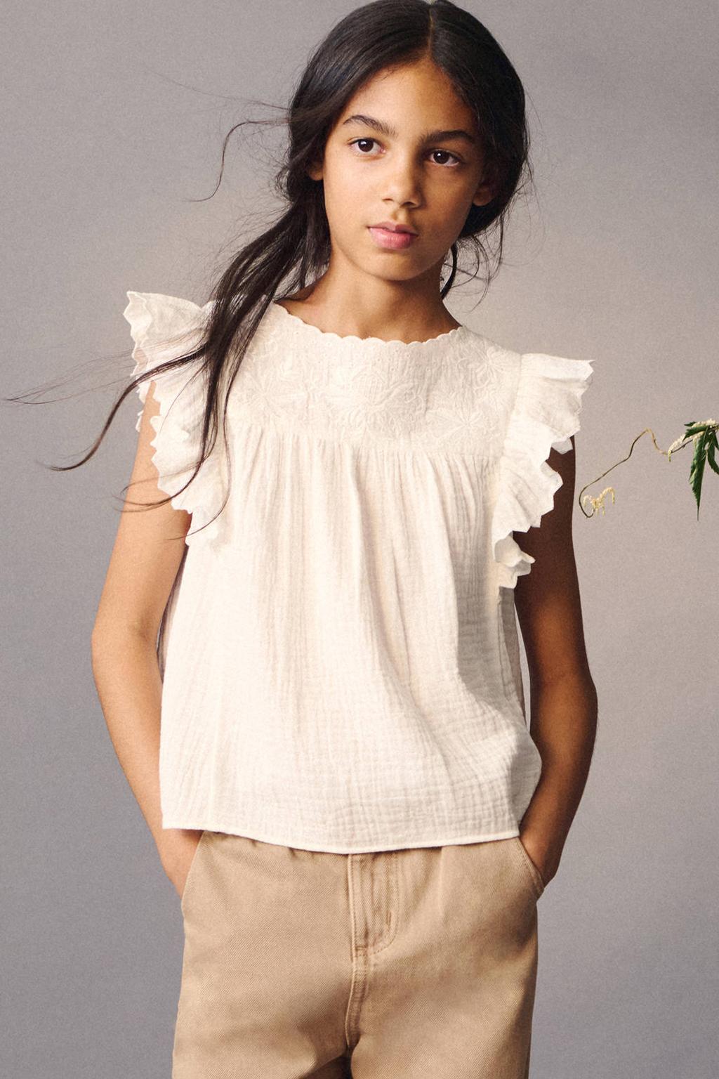 Ecru meisjes Mango Kids blousetop van katoen met effen, ronde hals, knoopsluiting en borduursels
