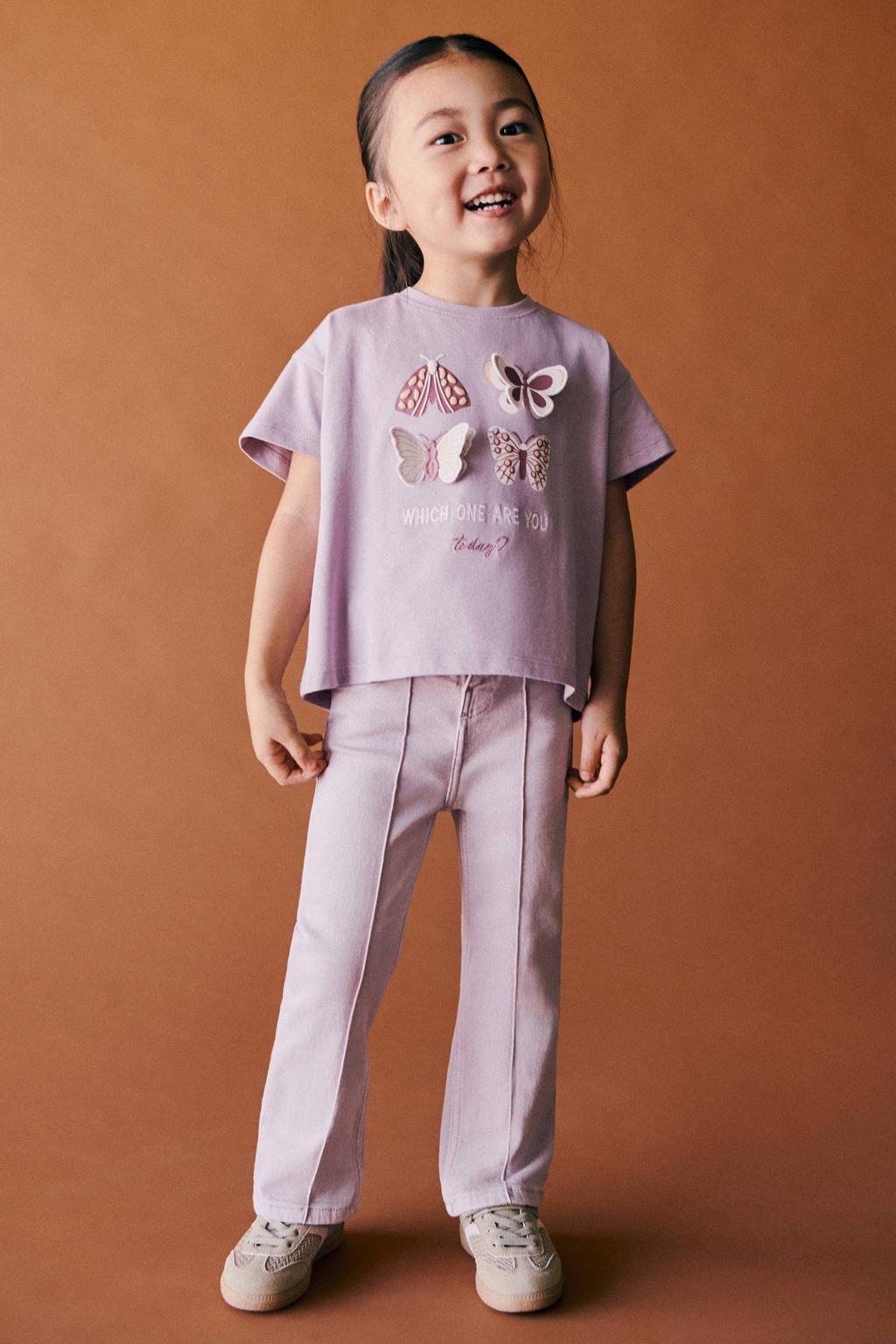 Lilakleurige meisjes Mango Kids straight leg jeans van denim met drukknoopsluiting en effen