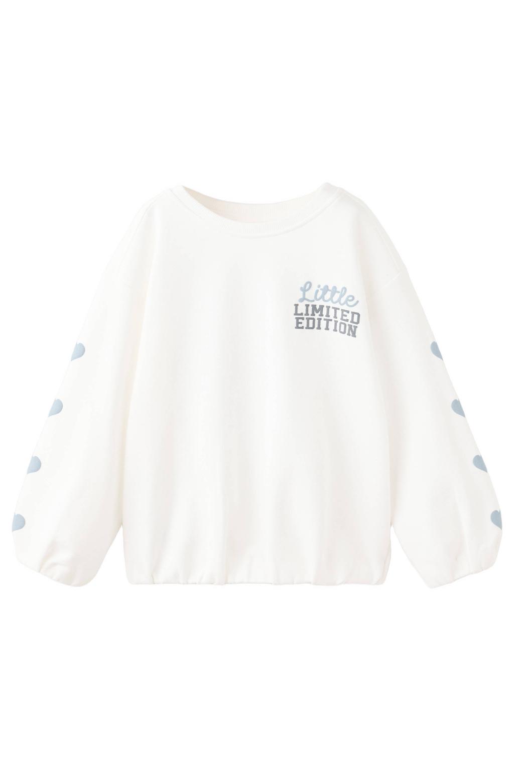 Wit en lichtblauwe meisjes Mango Kids sweater van katoen met backprint, lange mouwen, ronde hals en elastische boord