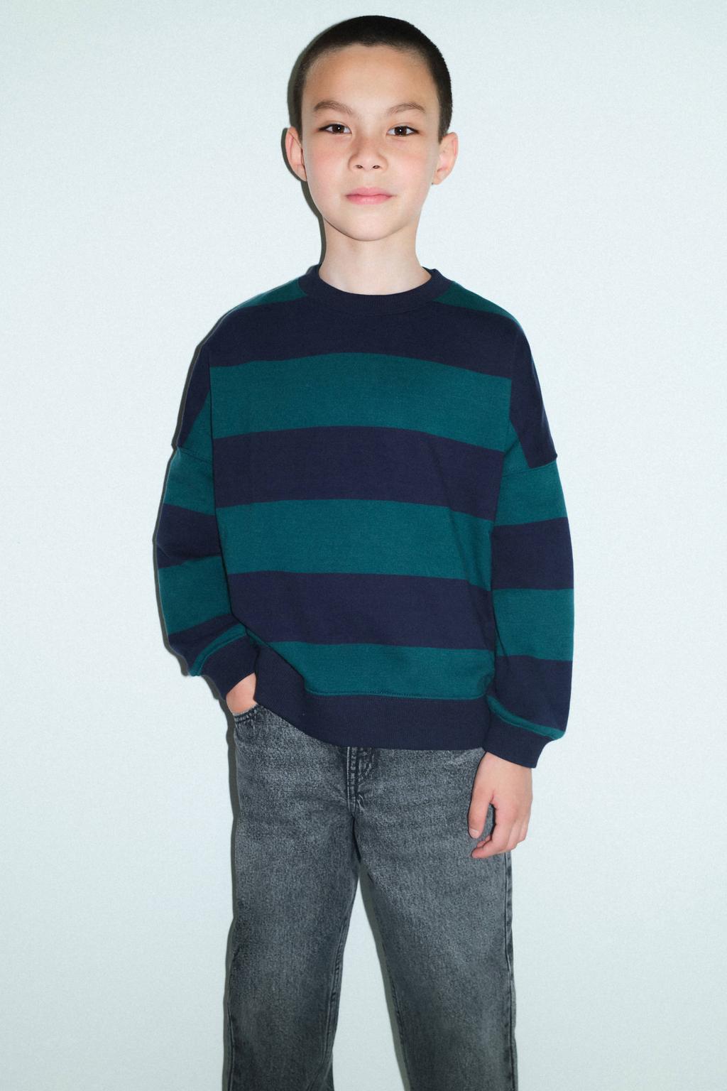 Donkergroen en donkerblauwe jongens Mango Kids gestreepte sweater van katoen met lange mouwen en ronde hals