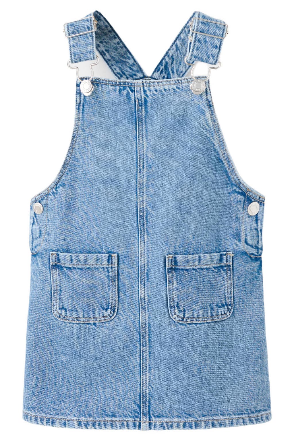 Light blue denim meisjes Mango Kids korte spijkerjurk van denim met effen, vierkante hals en knoopsluiting