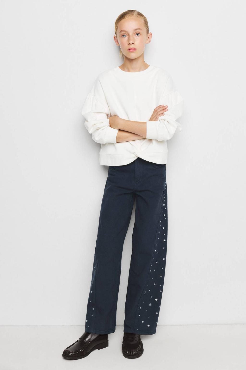 Witte meisjes Mango Kids sweater van katoen met effen, lange mouwen, ronde hals en knoopdetail