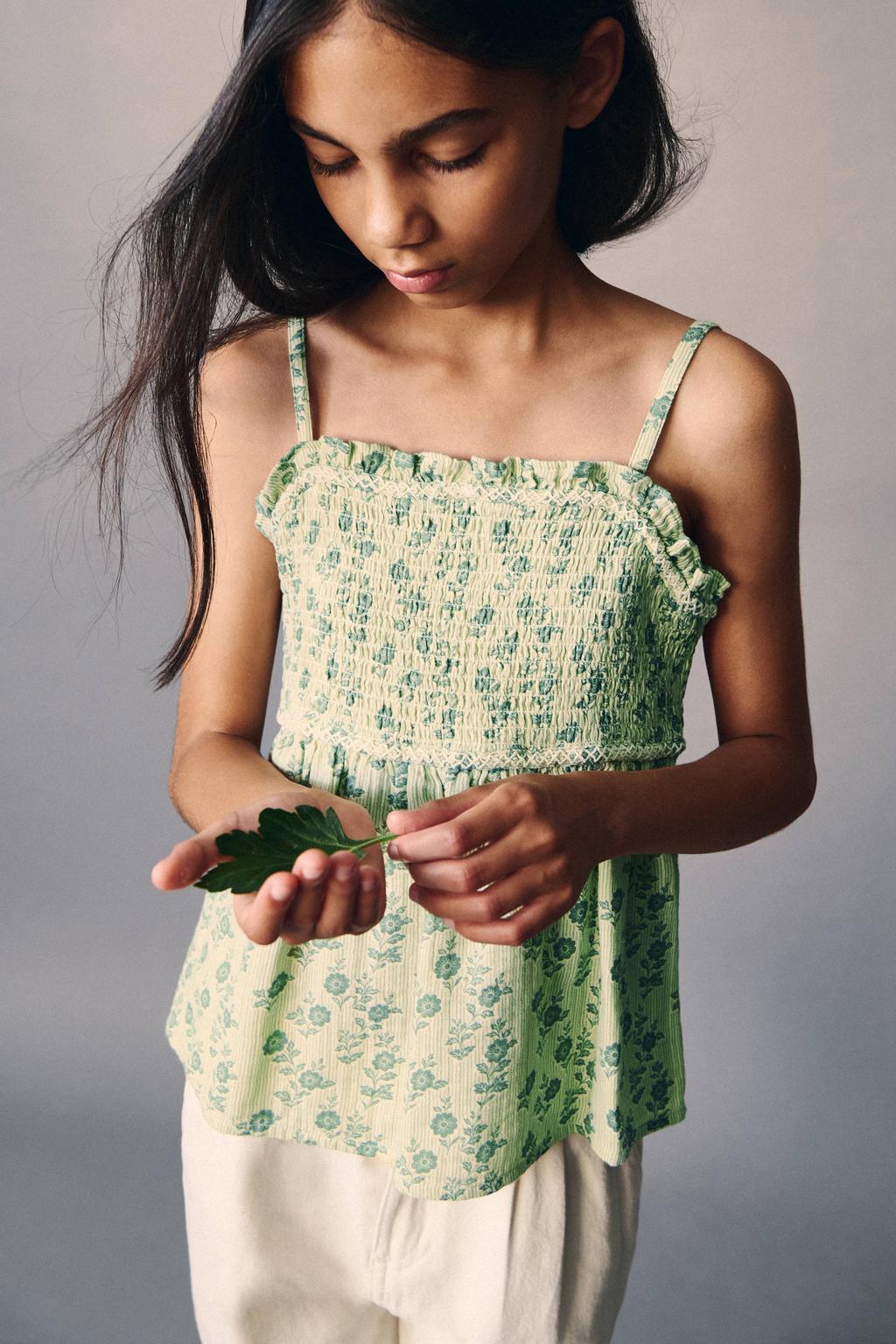 Groene meisjes Mango Kids gebloemde top zonder mouwen met vierkante hals