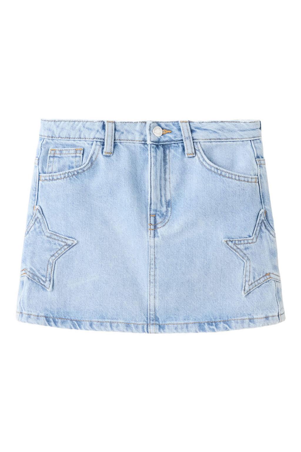 Light blue denim meisjes Mango Kids korte spijkerrok met sterren gemaakt van denim en met rits- en knoopsluiting