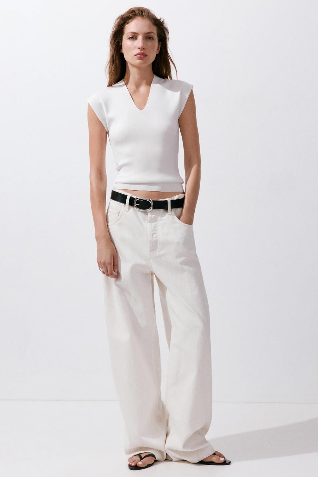 Witte dames Mango top van viscose met effen en V-hals