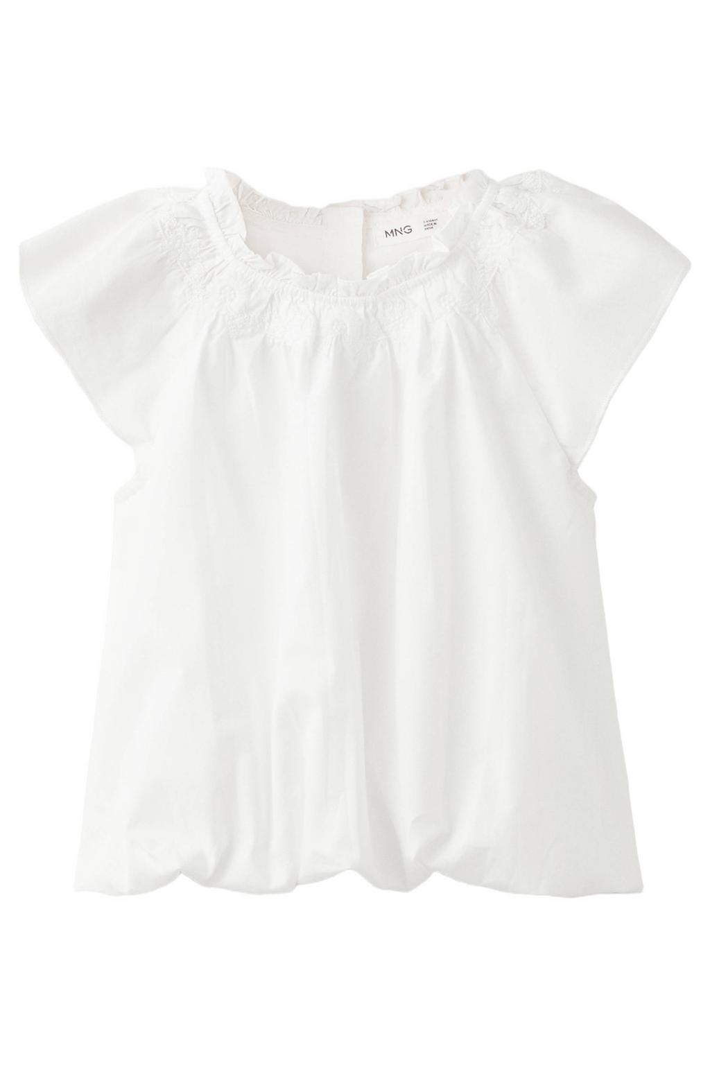 Witte meisjes Mango Kids blousetop van katoen met effen, korte mouwen, ronde hals, knoopsluiting en borduursels