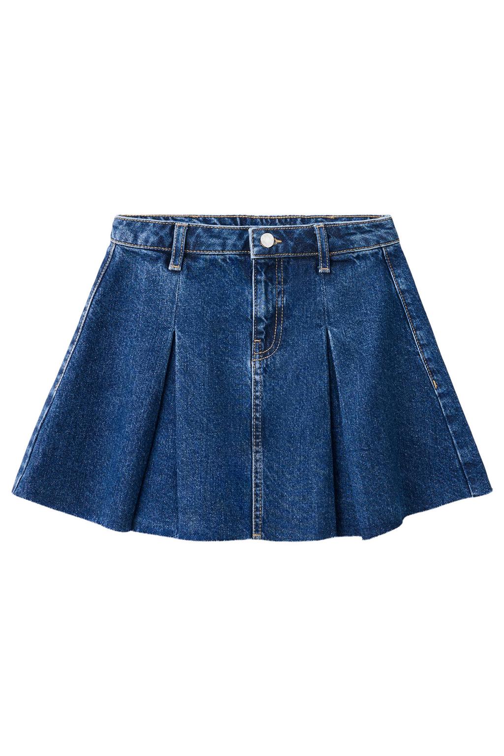 Dark blue denim meisjes Mango Kids korte spijkerrok met rafels gemaakt van denim en met rits- en knoopsluiting
