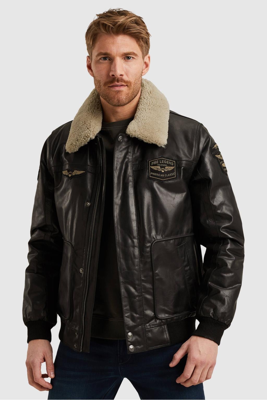 Zwarte heren PME Legend leren bomberjack details met effen, lange mouwen, klassieke kraag, rits- en knoopsluiting en patches