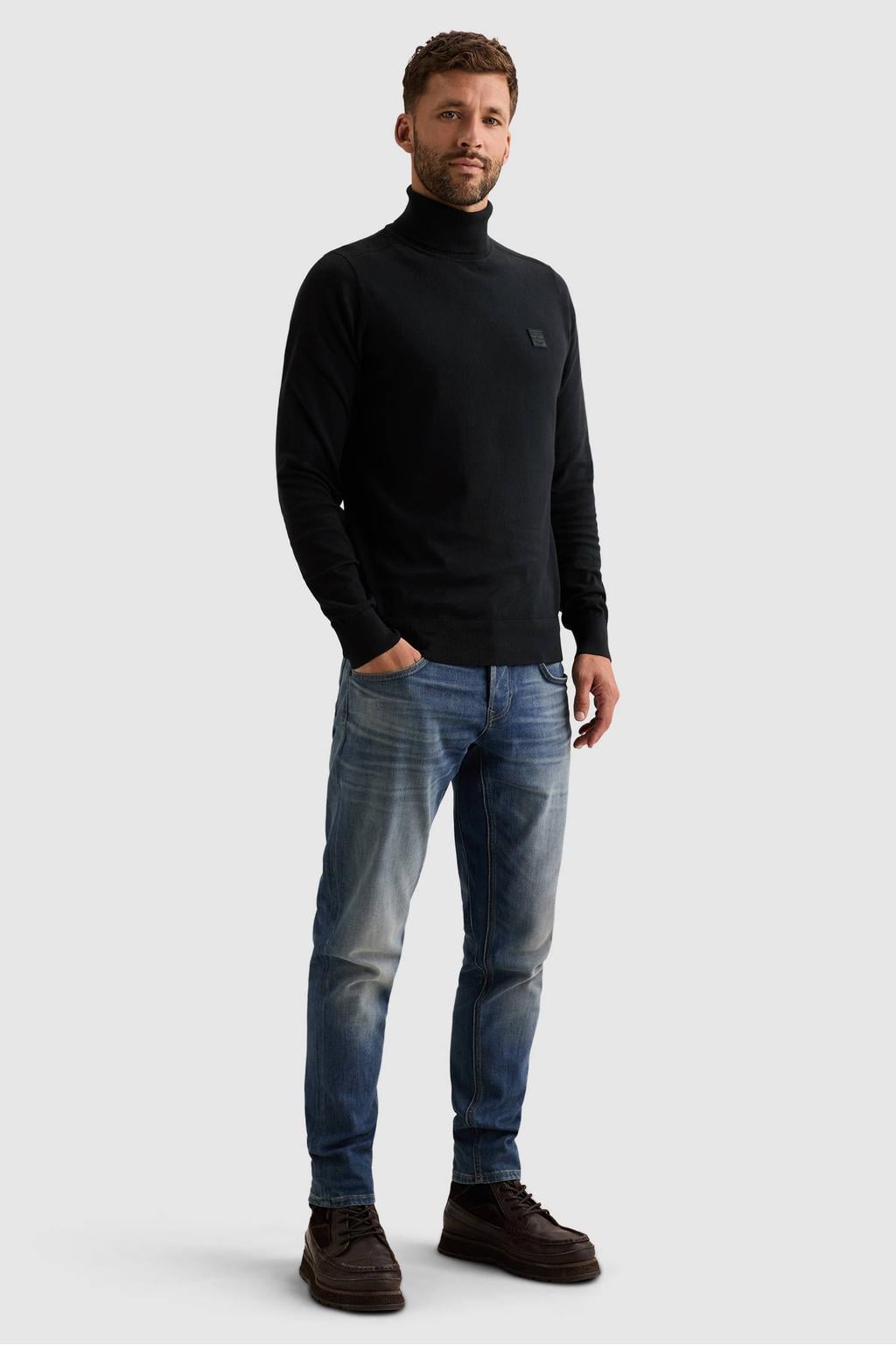 Donkerblauwe heren PME Legend katoenen regular fit coltrui met lange mouwen