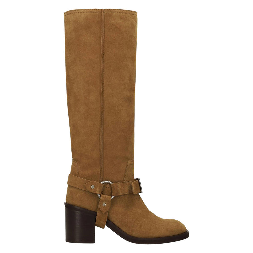 Cognackleurige dames Sacha suède bikerboots met blokhak -