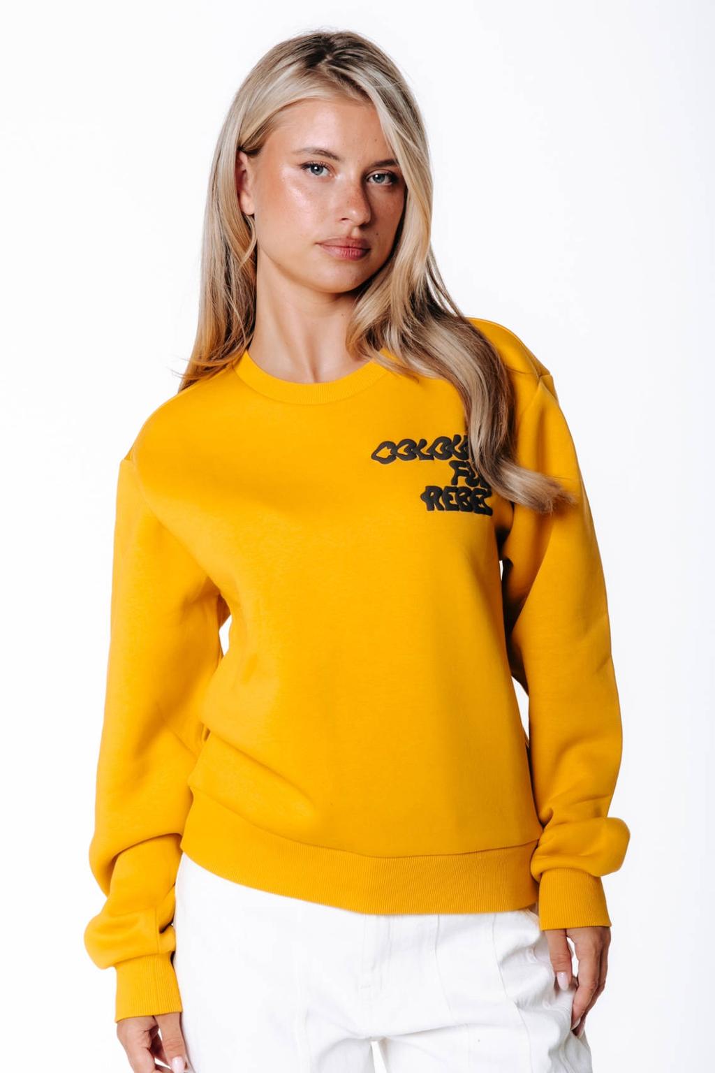 Okergele dames Colourful Rebel rechtvallende trui van katoen met logo dessin, lange mouwen en ronde hals