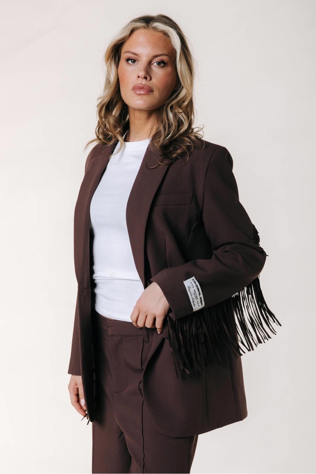 Bruine dames Colourful Rebel regular fit blazer van polyester met effen, lange mouwen, reverskraag en franjes