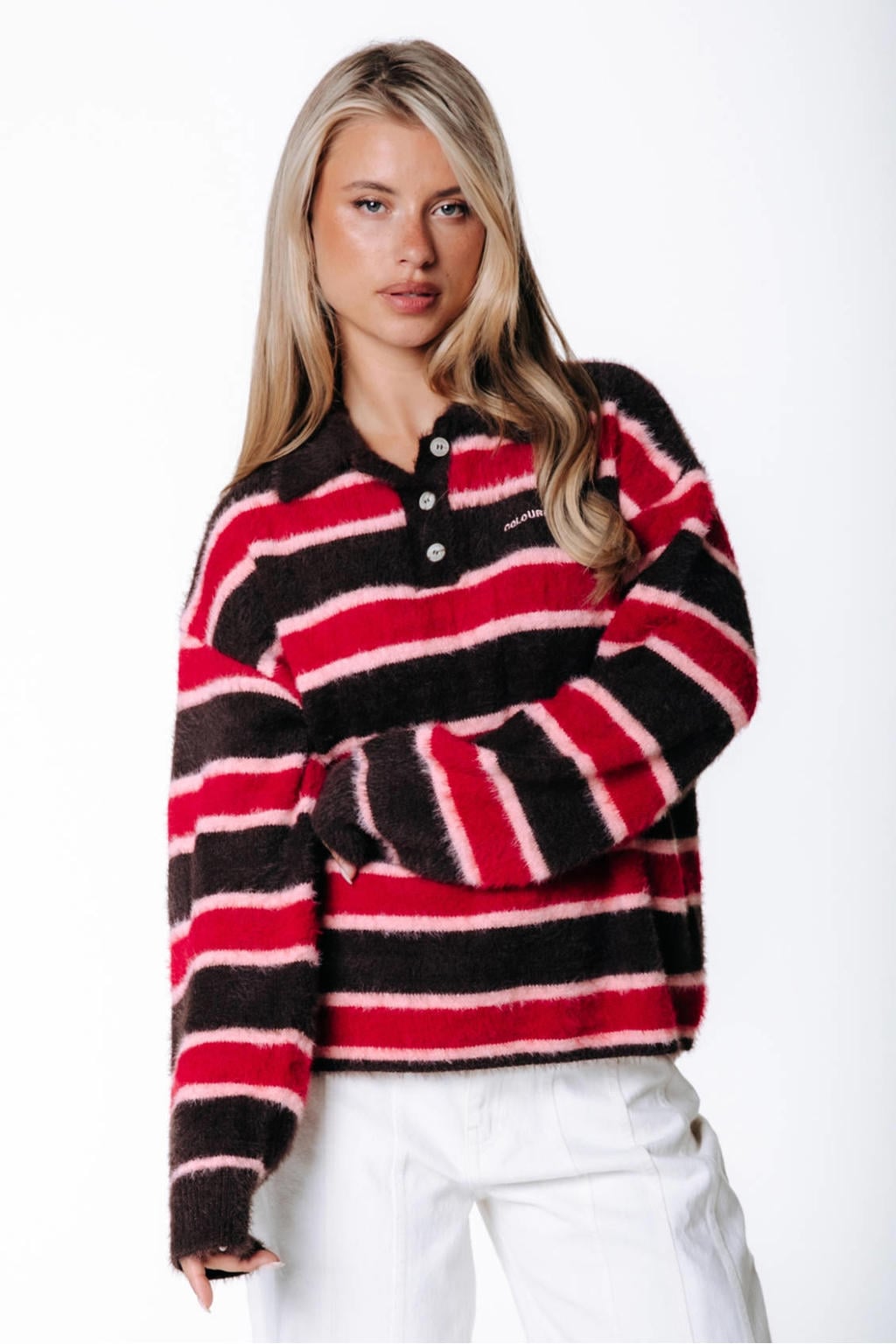 Rode dames Colourful Rebel van nylon met meerkleurige print, lange mouwen, klassieke kraag en knoopsluiting