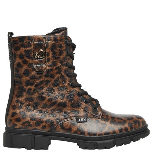 s.Oliver enkelboots met profielzool en panterprint bruin/zwart