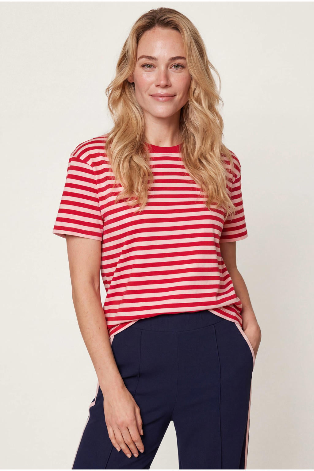 Rode dames Miss Etam gestreept T-shirt van katoen met korte mouwen en ronde hals