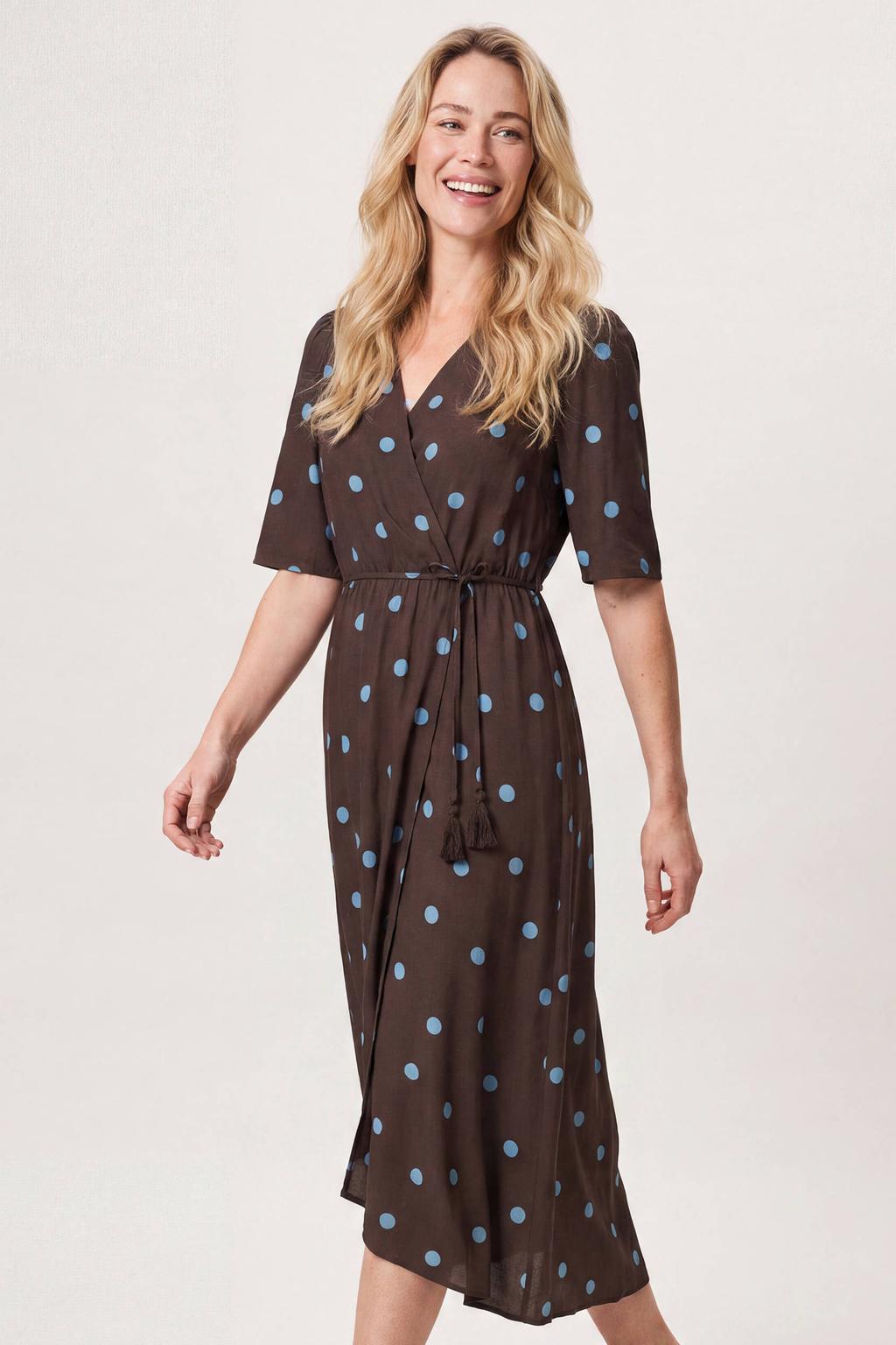Bruine dames Miss Etam midi jurk van viscose met stippenprint, korte mouwen en V-hals