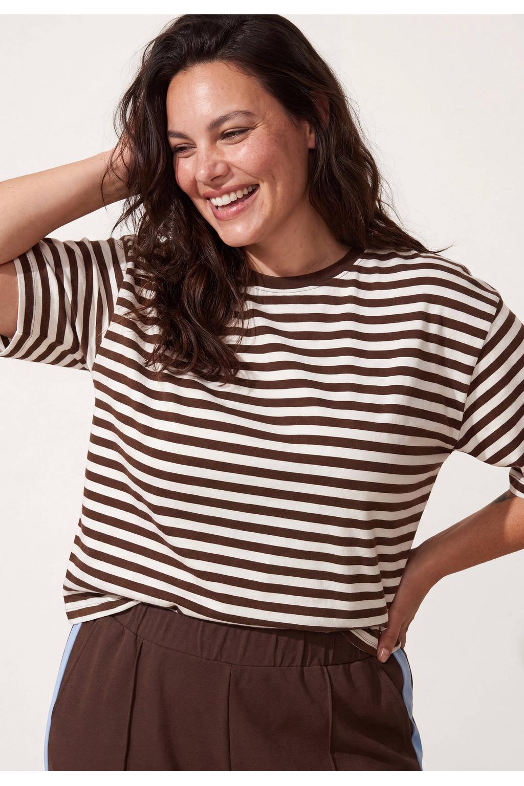 Bruine dames Miss Etam Plus gestreept T-shirt van katoen met korte mouwen