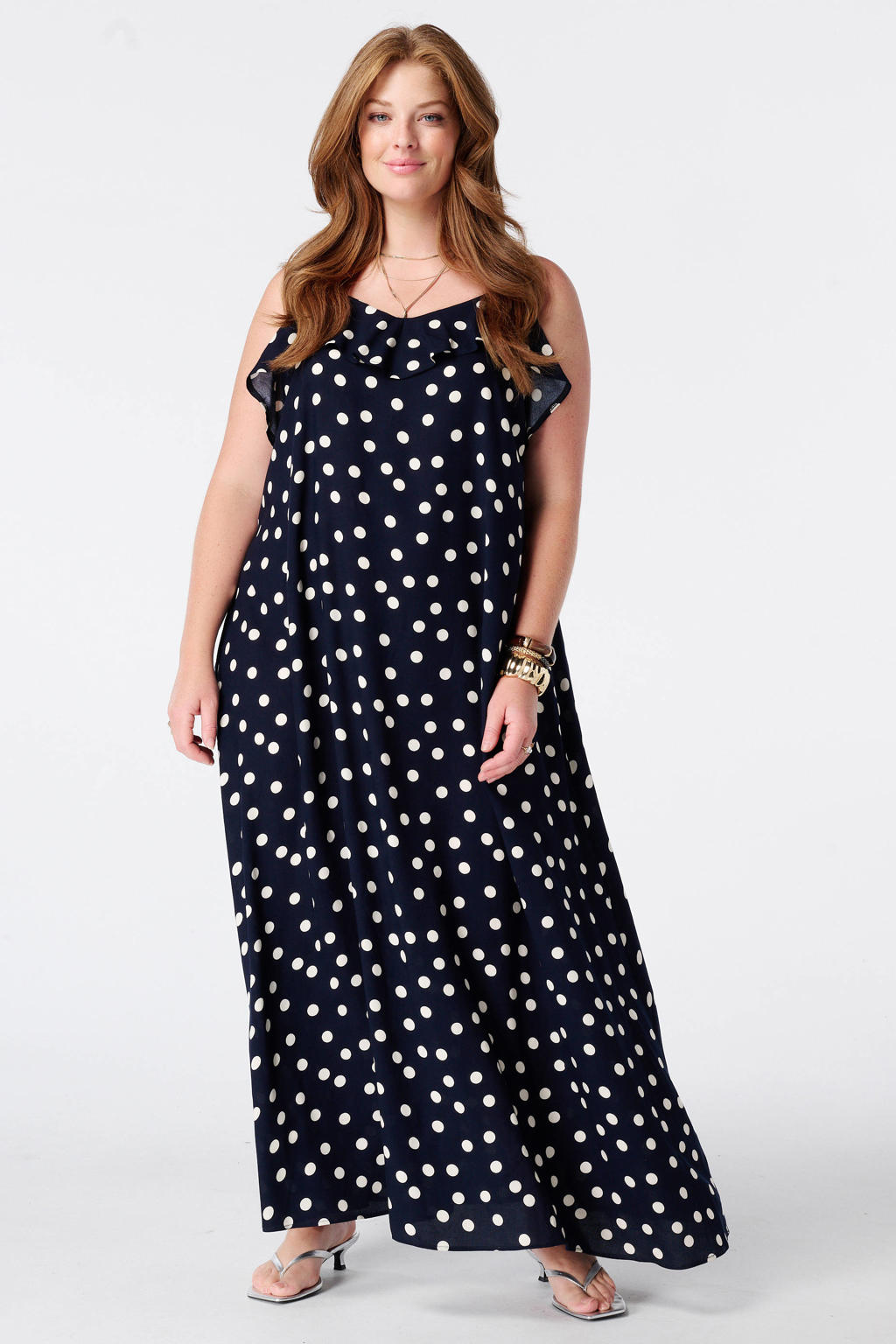 Blauw en witte dames MS Mode maxi jurk Plus Size met stippen van viscose met ruches