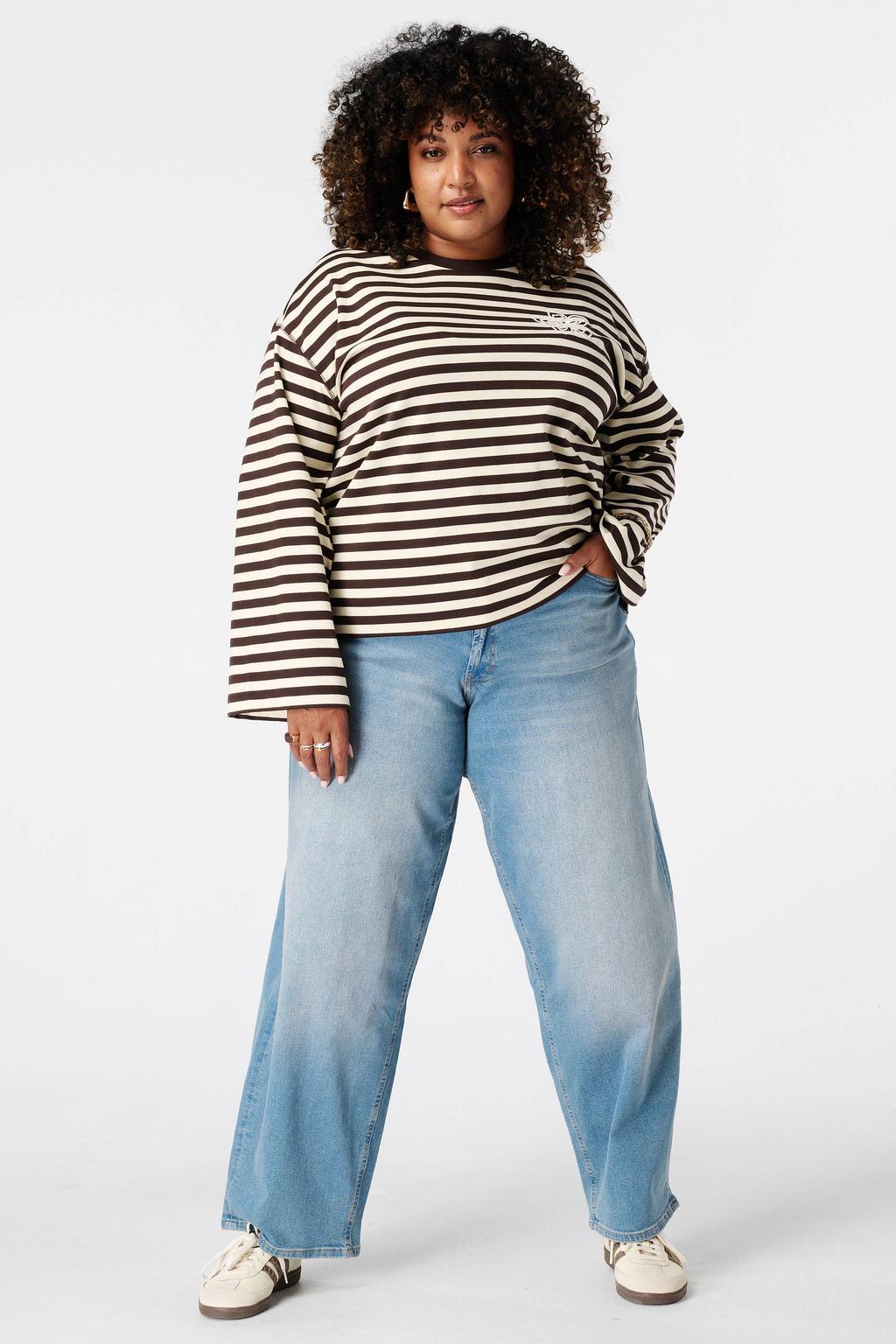 Lichtgele dames MS Mode gestreepte longsleeve Plus Size van katoen met lange mouwen