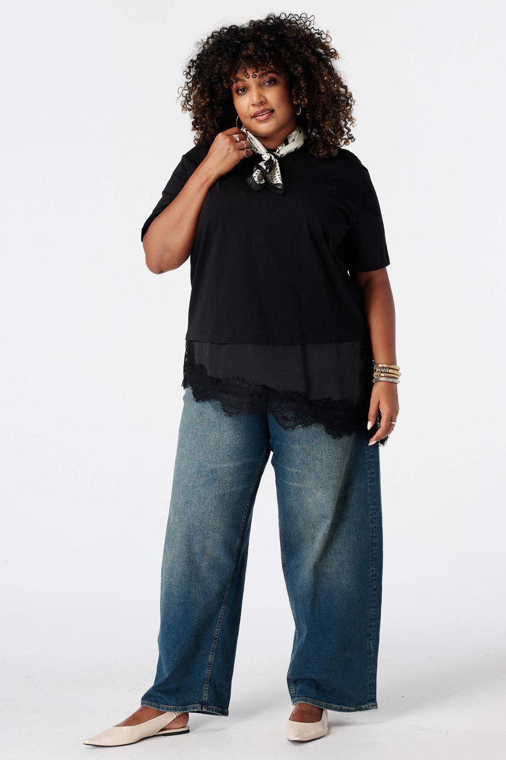 Zwarte dames MS Mode top Plus Size met effen, korte mouwen en kant