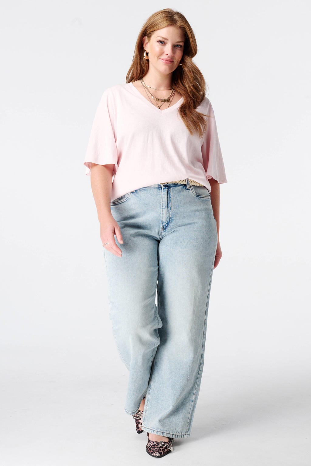 Lichtroze dames MS Mode Plus Size top met effen en driekwart mouwen