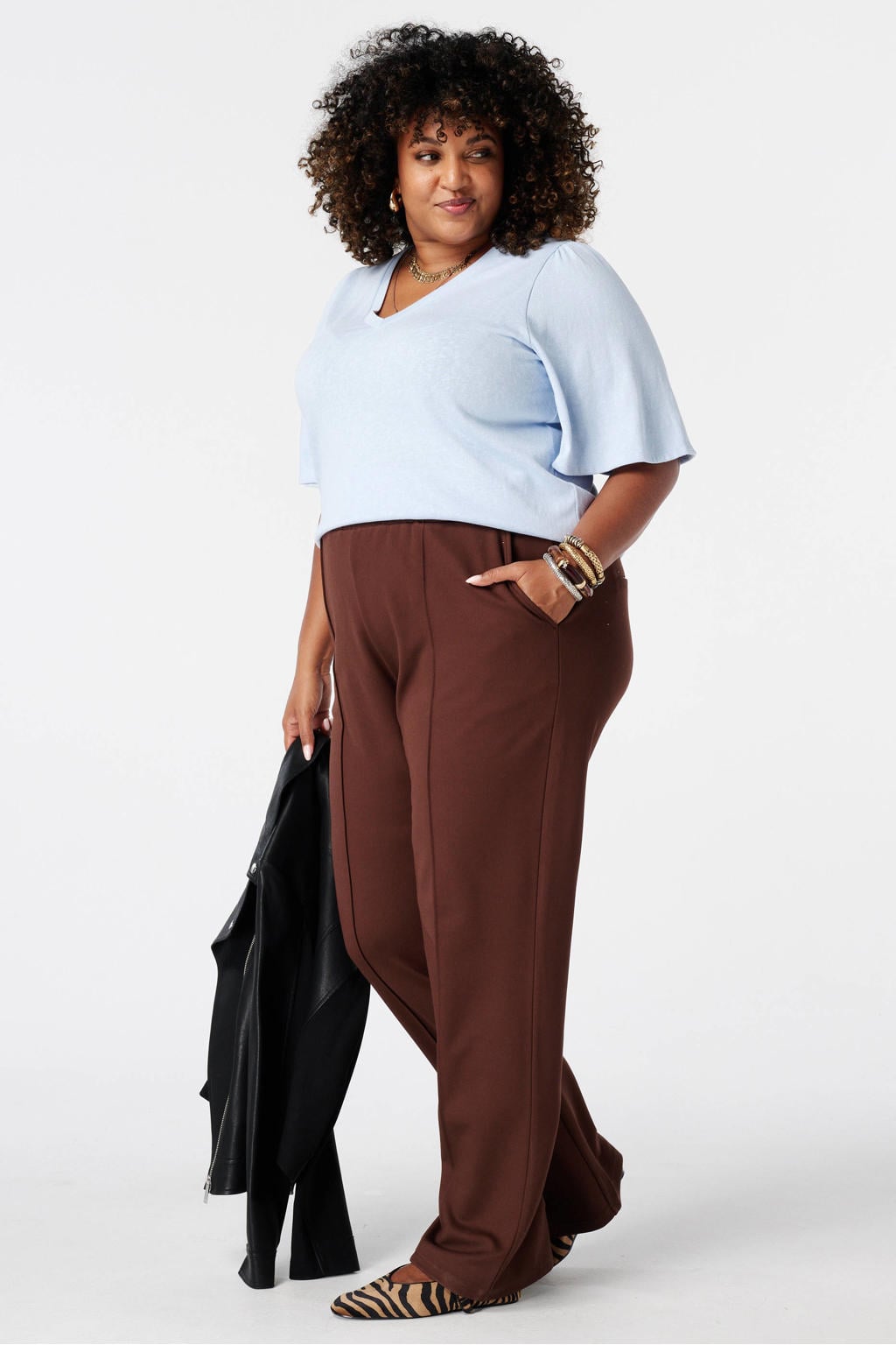 Lichtblauwe dames MS Mode top Plus Size met effen en driekwart mouwen